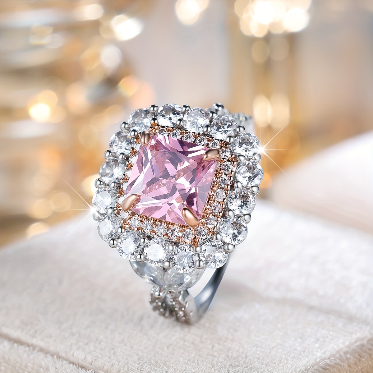 Women's Luxurious Pink Square Synthetic Zirconia Fashion Ring